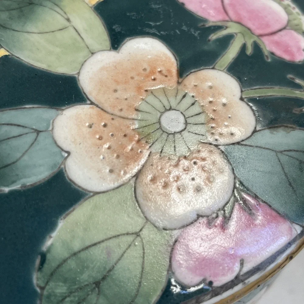 Vintage Chinoiserie Botanical Trinket Jewelry Box Lid‎ Porcelain Bamboo Stamped